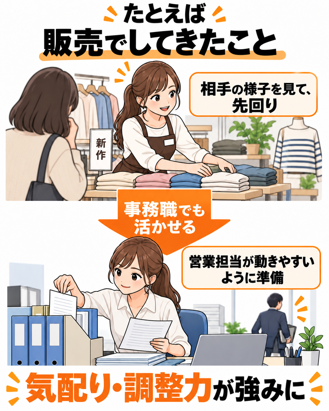 販売で相手の様子を見て先回りした経験を、営業担当が動きやすいよう準備する気配り・調整力として事務職で活かす例。