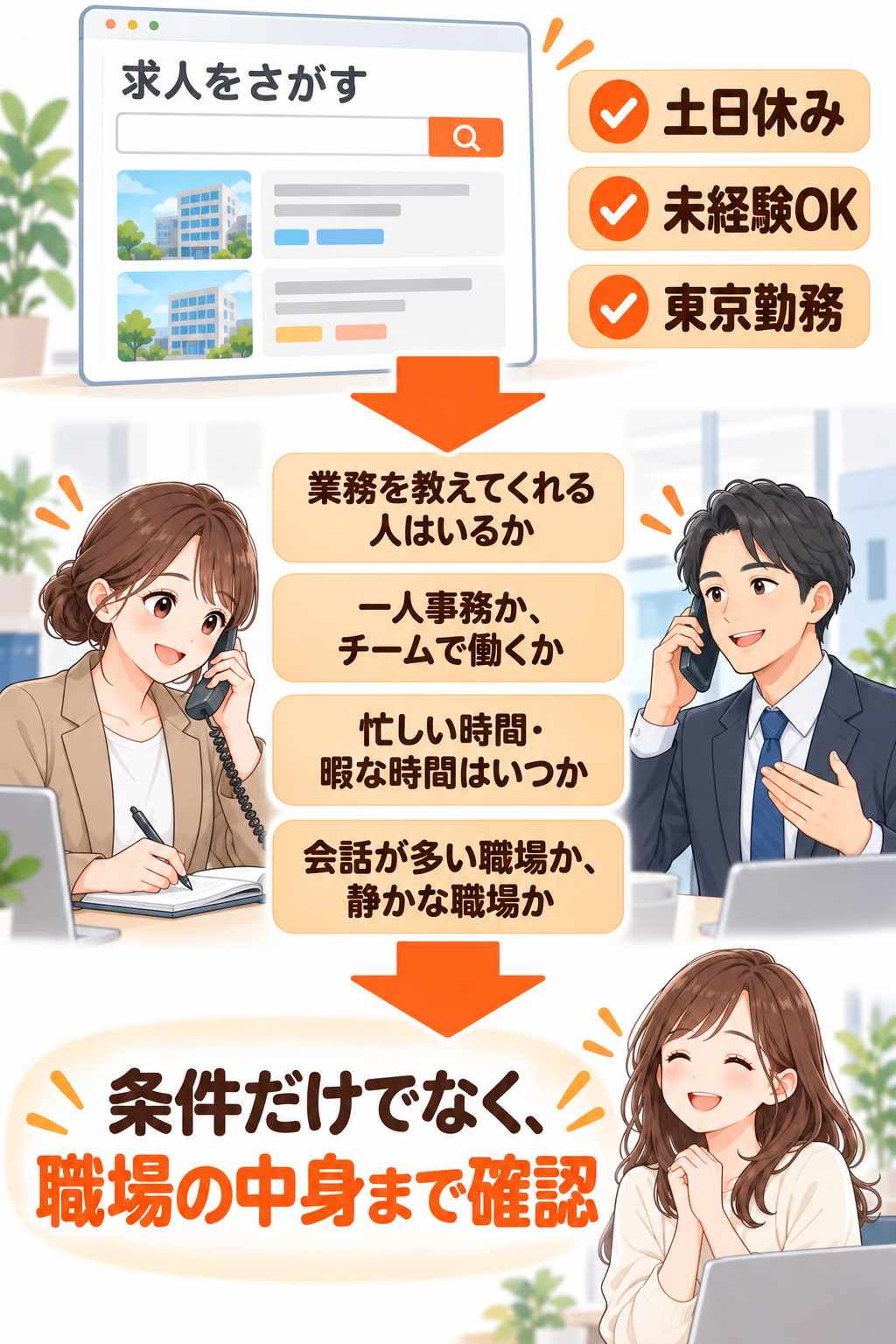 土日休み・未経験OK・東京勤務という条件だけでなく、担当者が教えてくれる人・忙しさ・職場の雰囲気まで確認する。