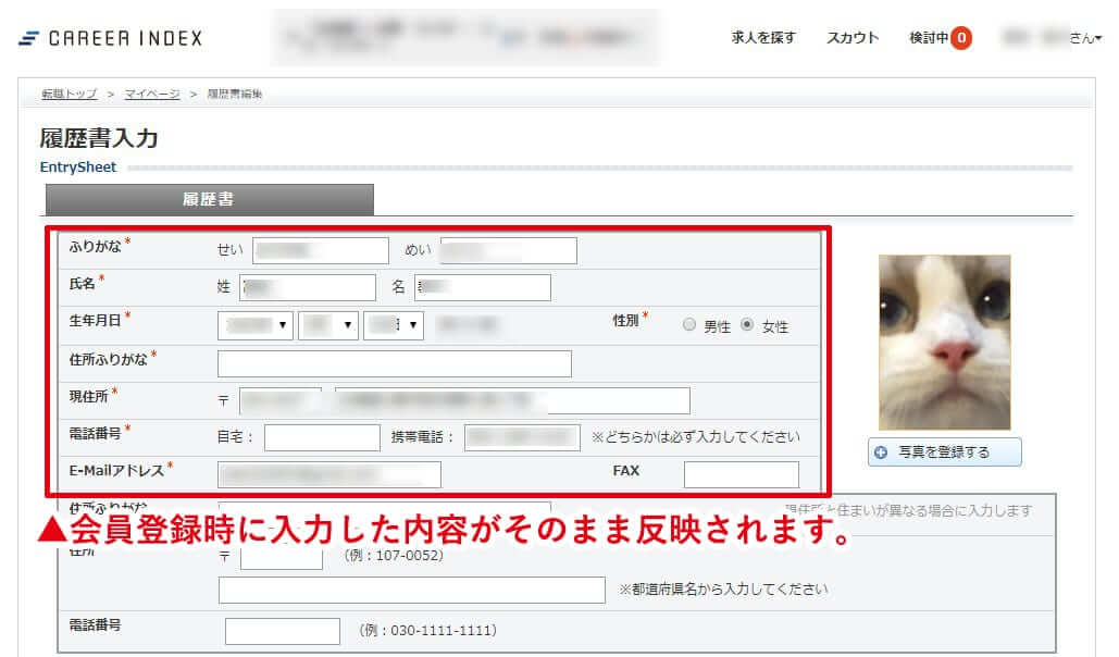 キャリアインデックス履歴書入力画面